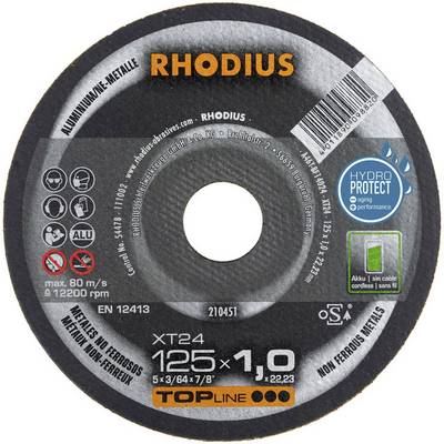 Rhodius brand grinding disc, model XT24, for metalworking. Diameter 125 mm, thickness 1 mm, maximum speed 80 m/s.