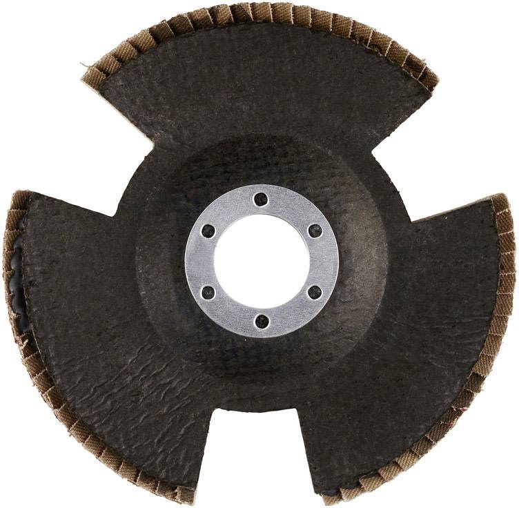 A triangular grinding disc with a metal centre, used for grinding or cutting materials.