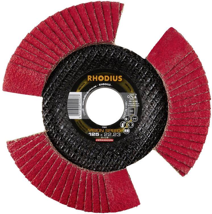 A red and black coloured grinding disc by Rhodius, model 'Vision Speed' 125 x 22.23, with a special lamella design.