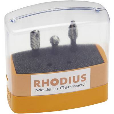 A set of three grinding tools in a transparent box with an orange base. Inscription: 'RHODIUS Made in Germany'.