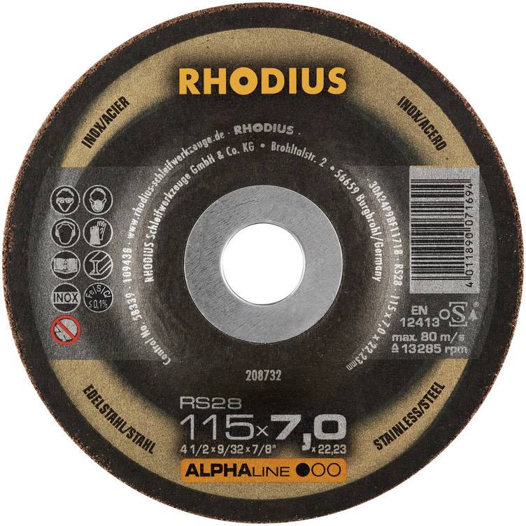 A cutting disc for stainless steel, brand Rhodius, diameter 115 mm, thickness 7 mm, maximum 80 m/s. Tested in accordance with EN 12413.
