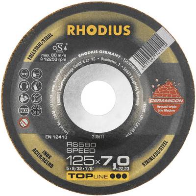 Rhodius grinding disc, model RS580 with 125 mm diameter and 7 mm thickness. Suitable for stainless steel, with Keramicon technology.