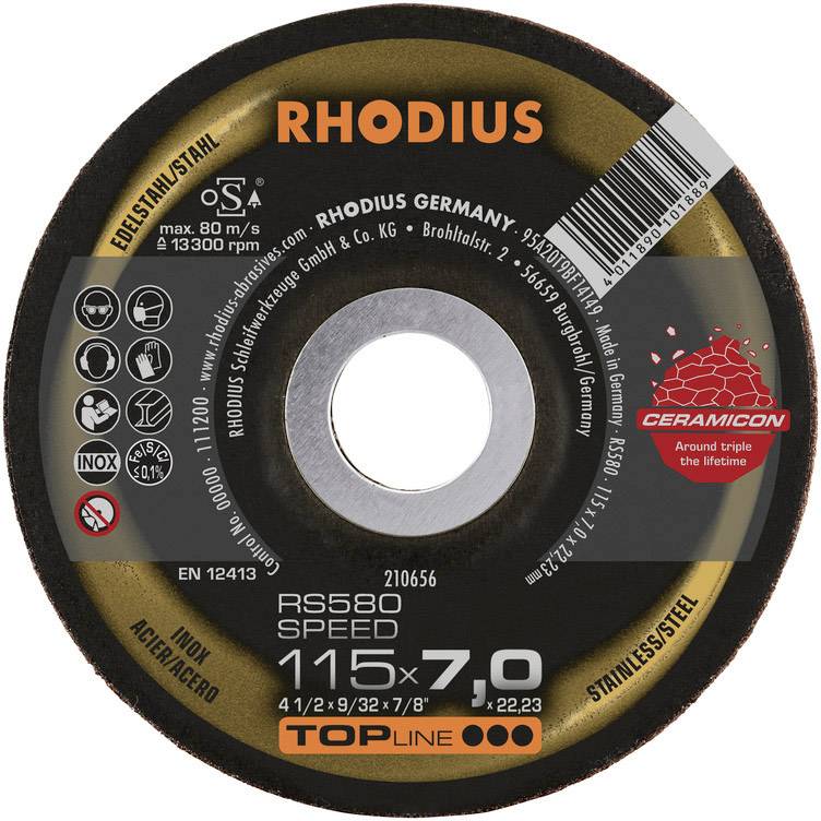'Rhodius RS580' cutting disc, 115 mm diameter, 1.0 mm thickness, suitable for stainless steel, max. 13,300 rpm, Made in Germany.