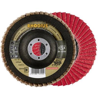 Grinding disc with red abrasive material and rigid inner ring. Markings show specifications: 125mm diameter, 40 grit, Rhodius brand.