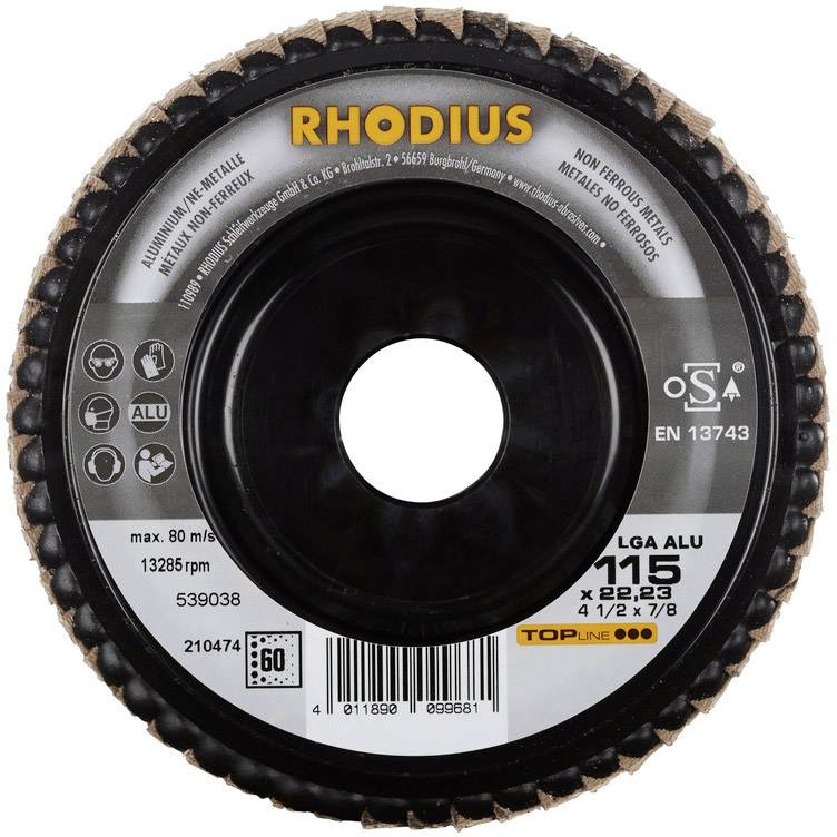 'RHODIUS' cutting disc for aluminium, 115 mm diameter, maximum 80 m/s, further specifications on label.