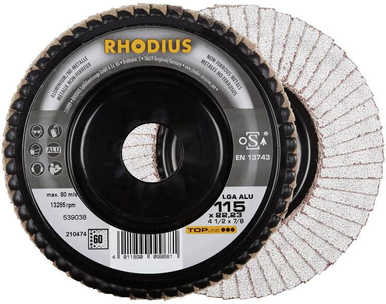 Grinding discs with the inscription 'RHODIUS', suitable for aluminium, with size specifications: 115 x 22.23 mm, max. 80 m/s.