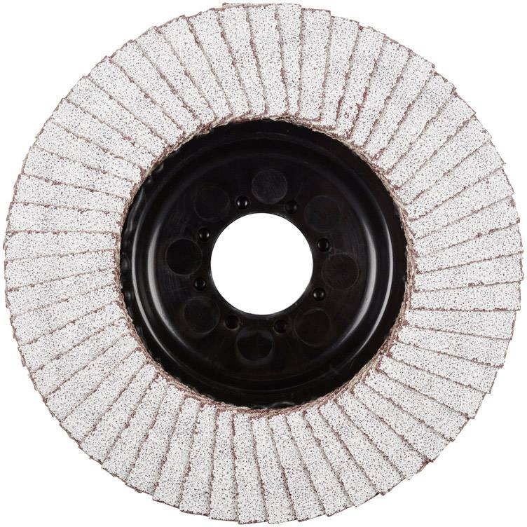 Round abrasive disc with multiple layers of abrasive fabric; used for polishing or grinding surfaces.