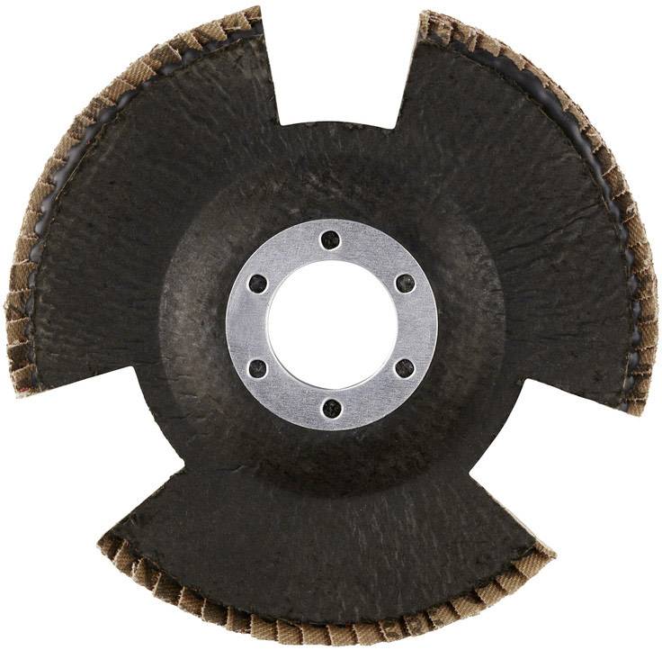 Grinding disc with segmented edge, suitable for machining metal surfaces. Central fixing aperture present.