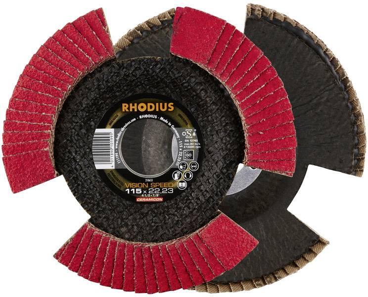 A red and black grinding disc by Rhodius, marked with 'Vision Speed 115x22.23'.