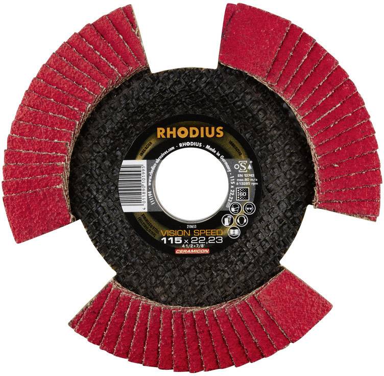 Grinding disc with red lamellas and black centre, with 'RHODIUS' printed on it. Diameter: 115 mm, bore: 22.23 mm.