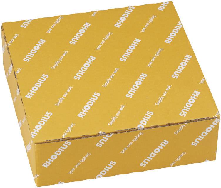 A rectangular, orange cardboard box with the inscription 'RHODIUS' in white lettering.