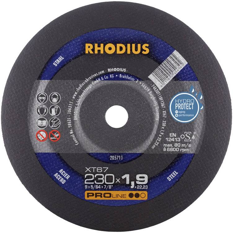 Rhodius grinding disc '230 x 1.9' for steel. Contains symbols for applications and speed specifications.