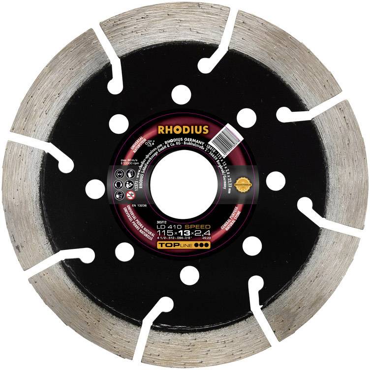 Metal-reinforced cutting disc for angle grinder. Centre shows brand 'RHODIUS' and specifications: 115x13-2.4 mm.
