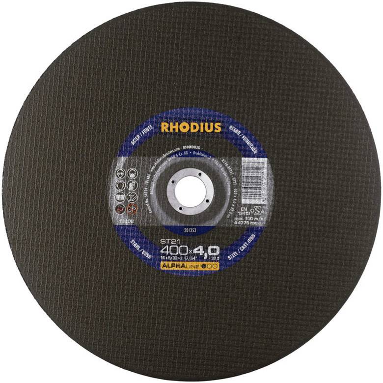 The diagram depicts a round grinding disc by Rhodius, model ST27, with a diameter of 400 mm and a thickness of 4.0 mm.