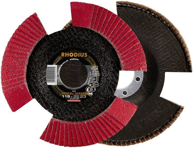 'Double-sided grinding disc with red lamellas and black centre, labelled Rhodius 115 x 22.23 Vision Speed.'