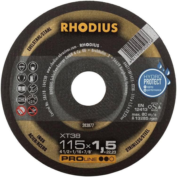 'RHODIUS' grinding disc, diameter 115 mm, thickness 1.5 mm. Suitable for stainless steel. Manufactured by Rhodius Schleifwerkzeuge GmbH.