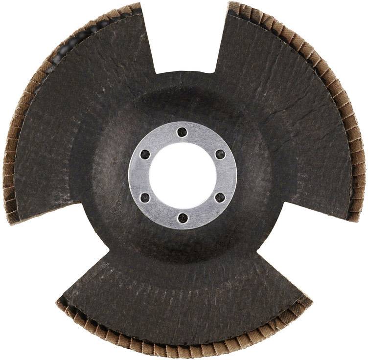 A circular saw blade with four notches, a hole in the centre, and serrated outer edges, commonly used for cutting metal.