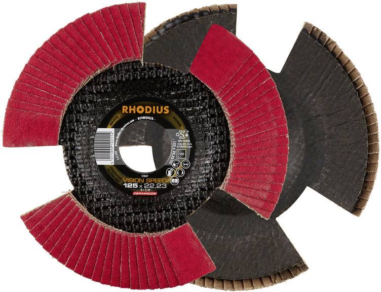 The image shows a Rhodius grinding disc. The disc has a red and black design and is designed for grinding work.