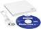 External DVD drive in white with included USB cable and 'CyberLink Media Suite 10' software CD.