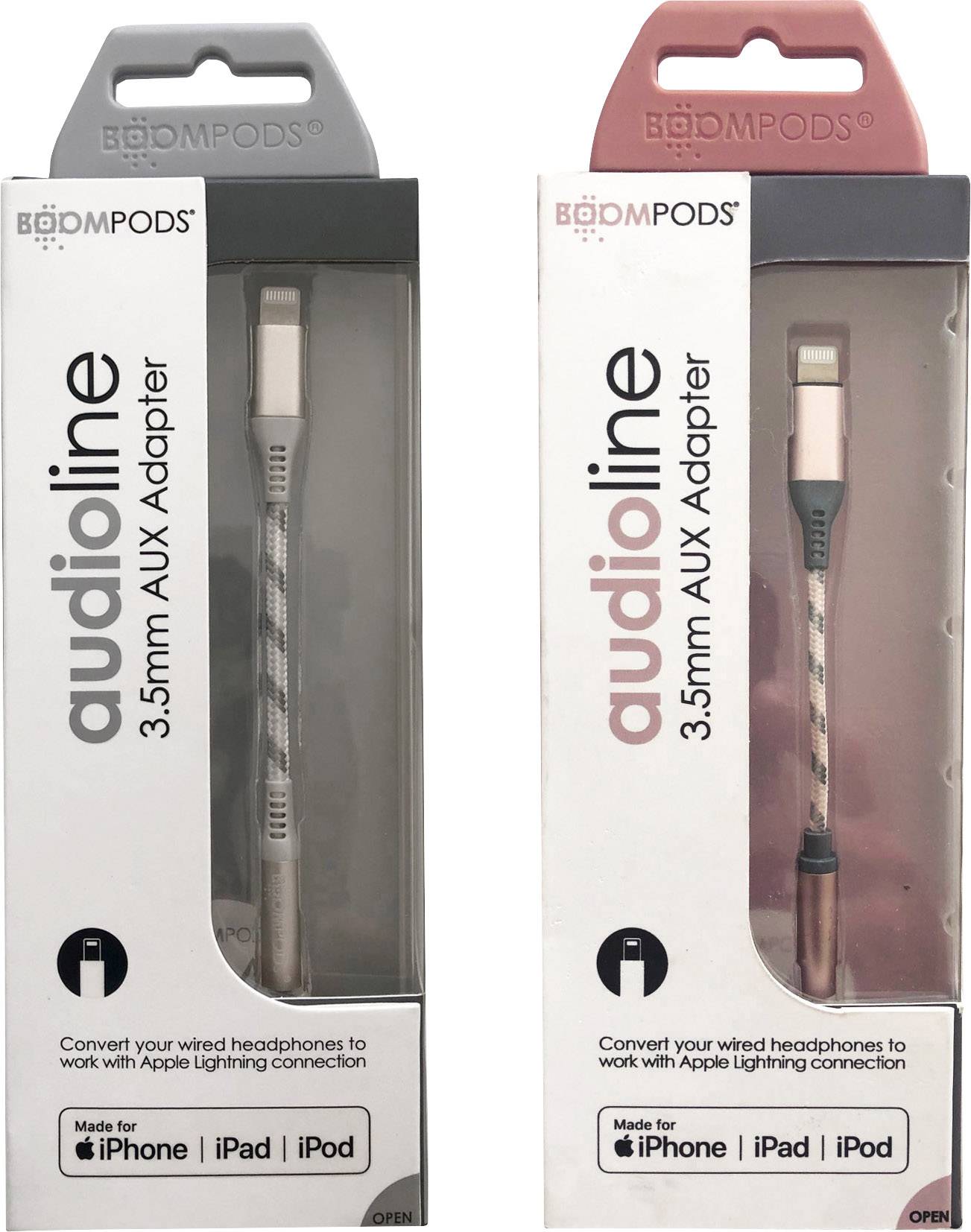 Two packaging options for the 'BOOMPODS audioline 3.5mm AUX Adapter', compatible with Apple Lightning port. Displaying adapter and cable.