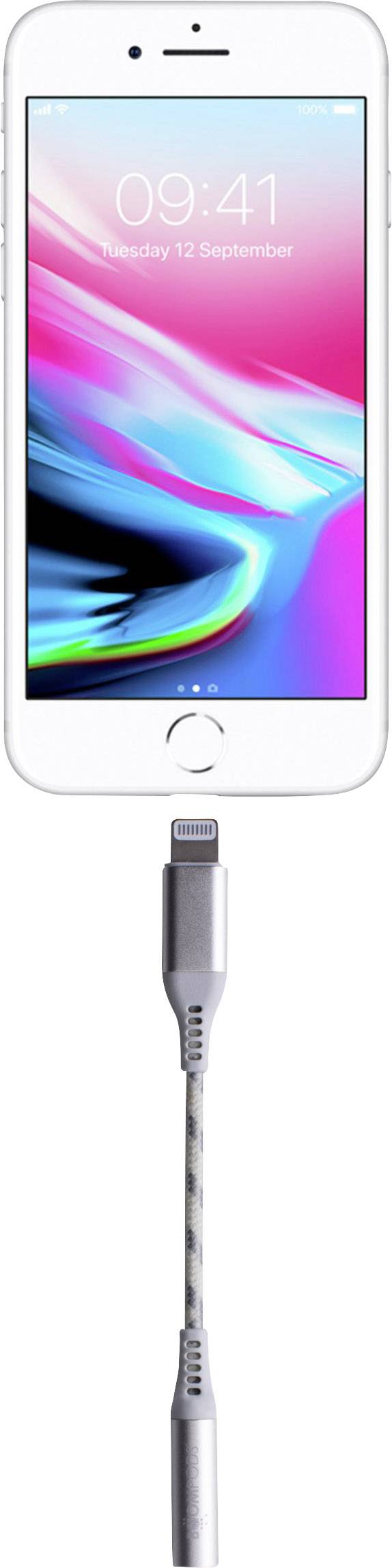 A smartphone with an illuminated screen displays '09:41'. It is connected to a cable via an adaptor.