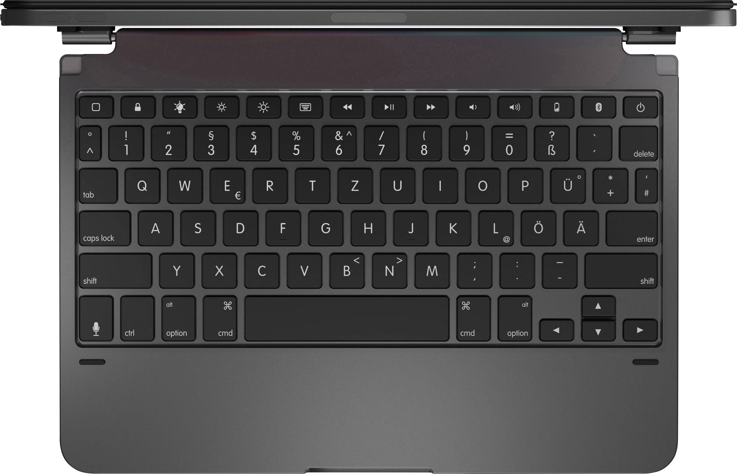 A laptop keyboard with a German QWERTZ layout, black casing and white letters on the keys.