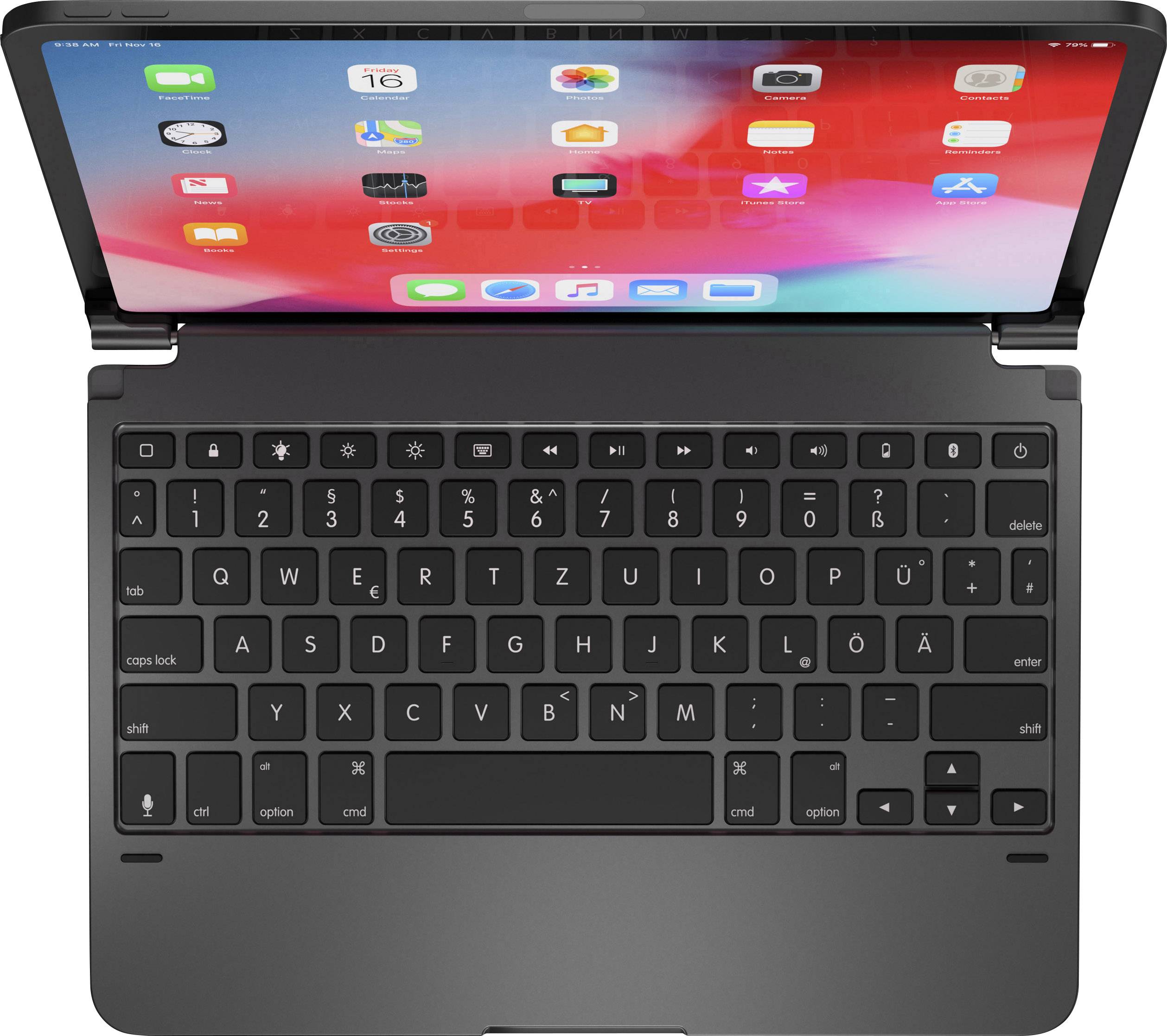 Laptop with open screen view, keyboard in the foreground. Screen displays colourful app icons on a tablet operating system.
