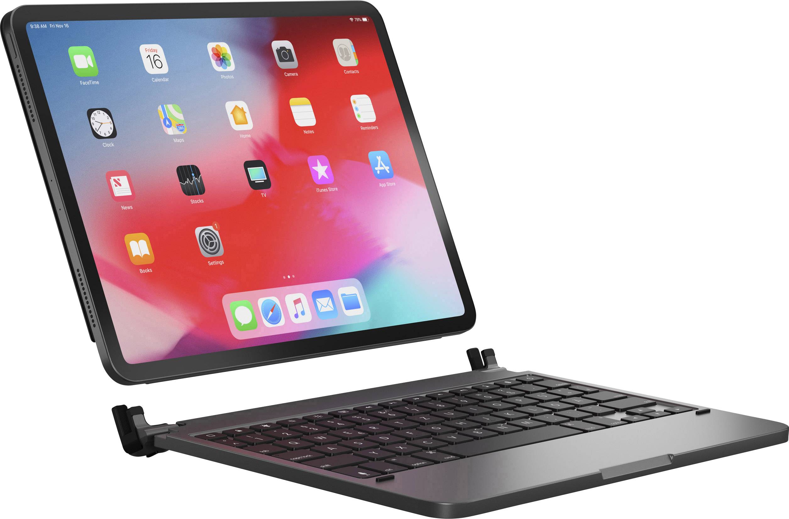 A tablet with a connected keyboard, displaying several colourful app icons on the screen.