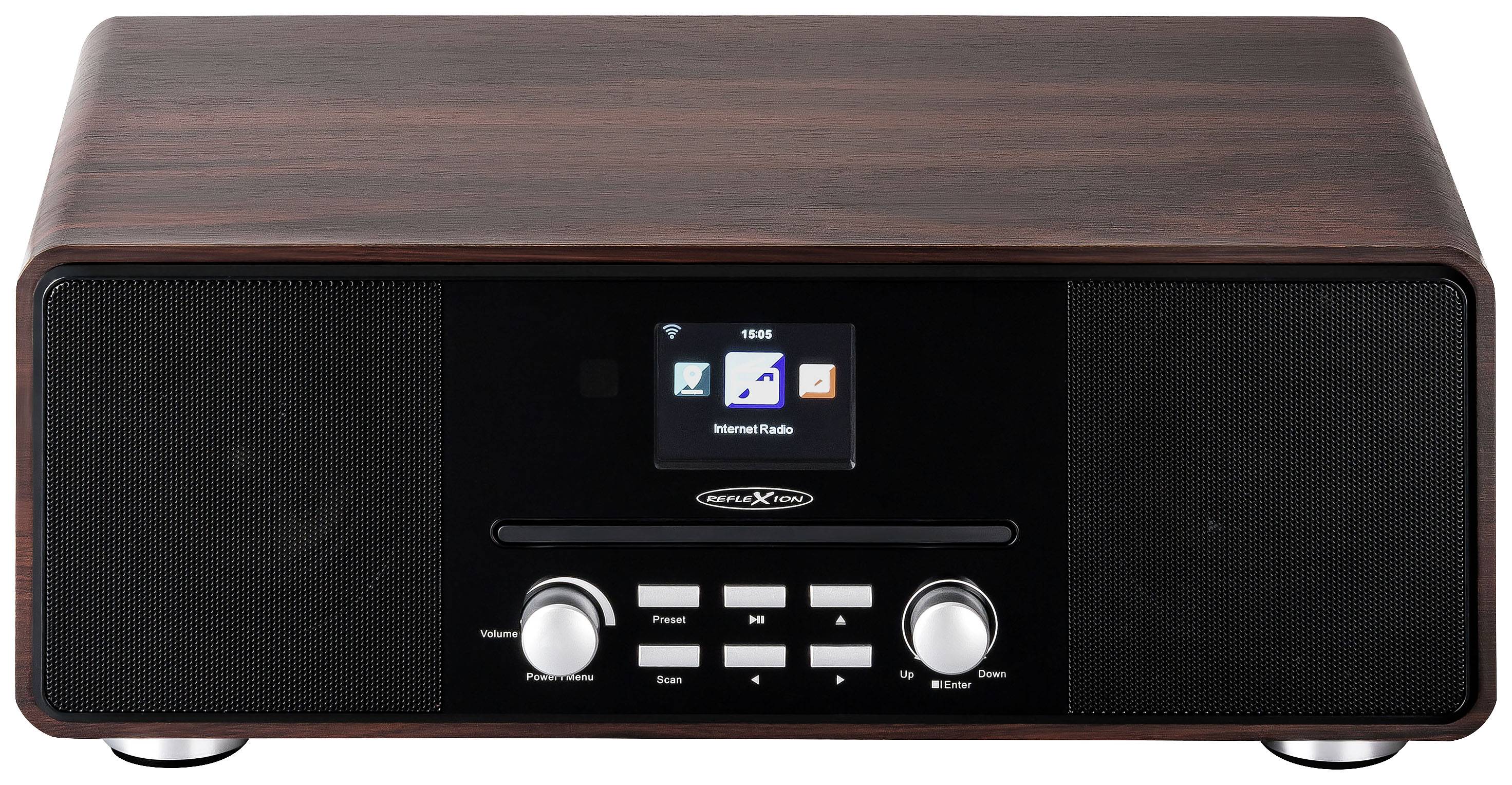 A retro radio with a wooden cabinet, a small screen in the centre, displaying 'Internet Radio', two speakers and control buttons at the front.