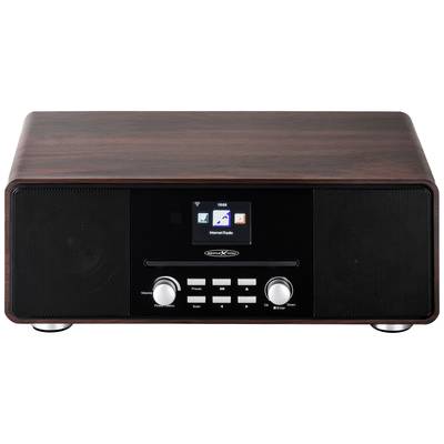 A retro radio with a wooden cabinet, a small screen in the centre, displaying 'Internet Radio', two speakers and control buttons at the front.
