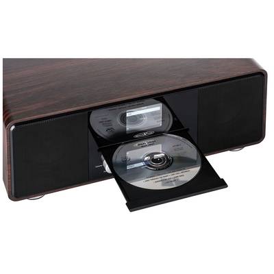 A modern CD player with a wood-grain finish, two CDs in the tray and a small display.