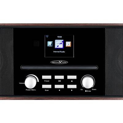 A digital radio with speakers and display shows the time '15:04' and 'Internet Radio'. Buttons for volume and station selection.