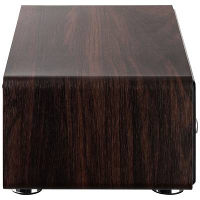 A rectangular wooden box with dark wood veneer, standing on its side.