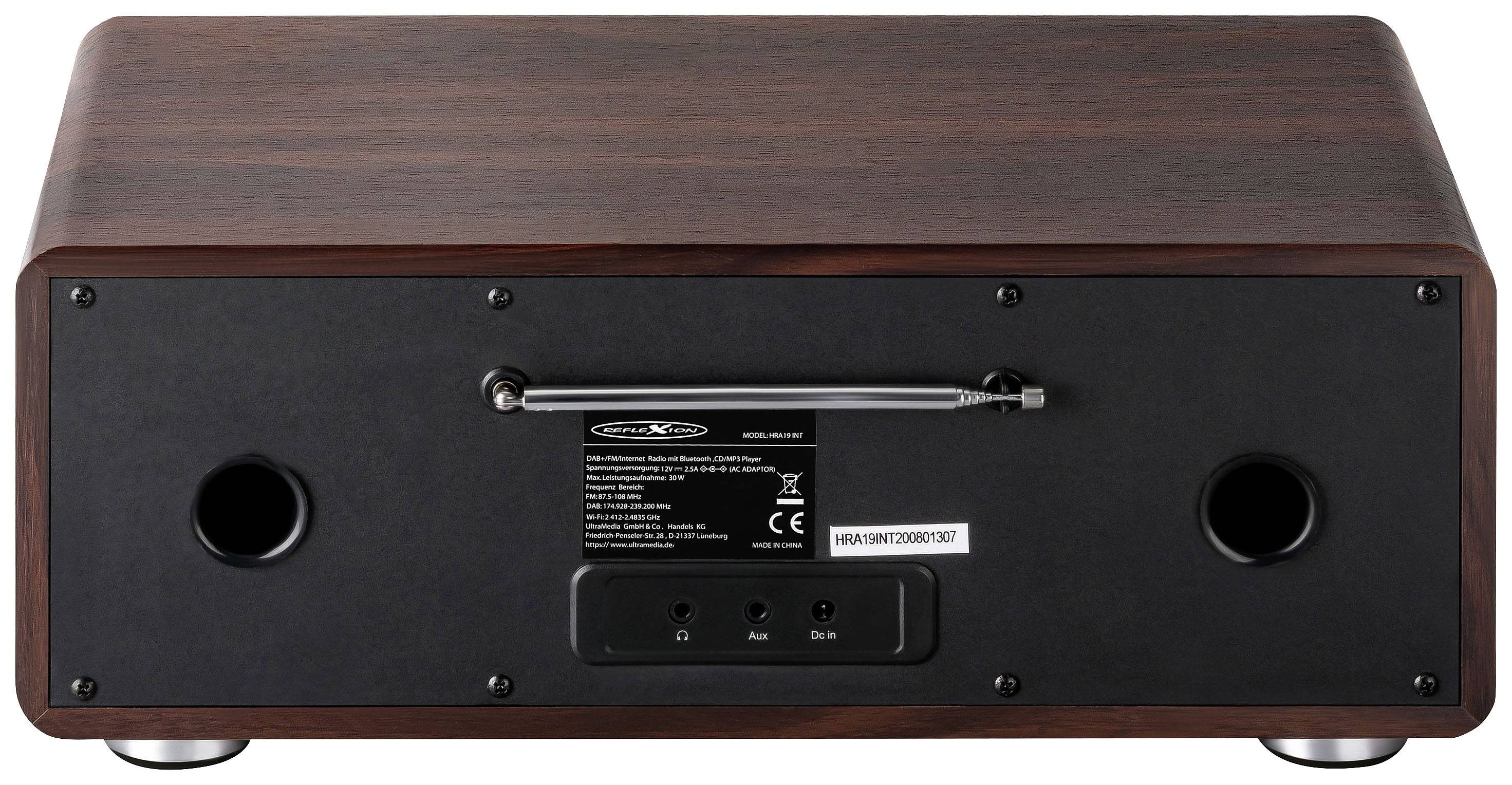 Wooden radio back with two speaker openings, antenna, and connection plate with labelling.