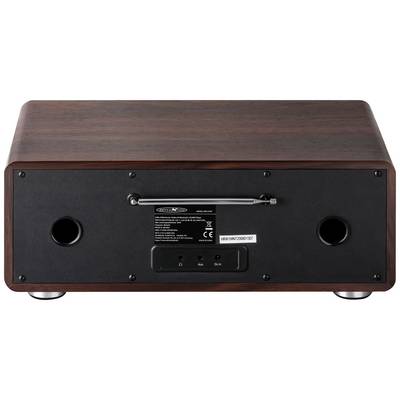Wooden radio back with two speaker openings, antenna, and connection plate with labelling.