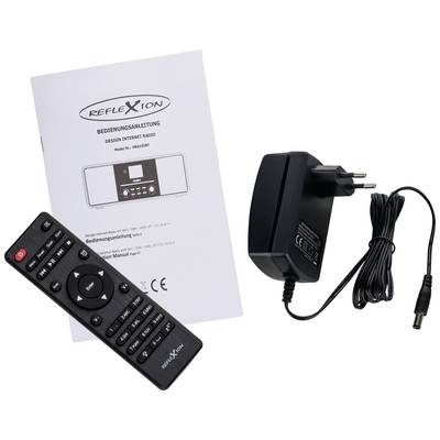 Operating instructions, remote control, and power supply for a Reflexion Design internet radio.