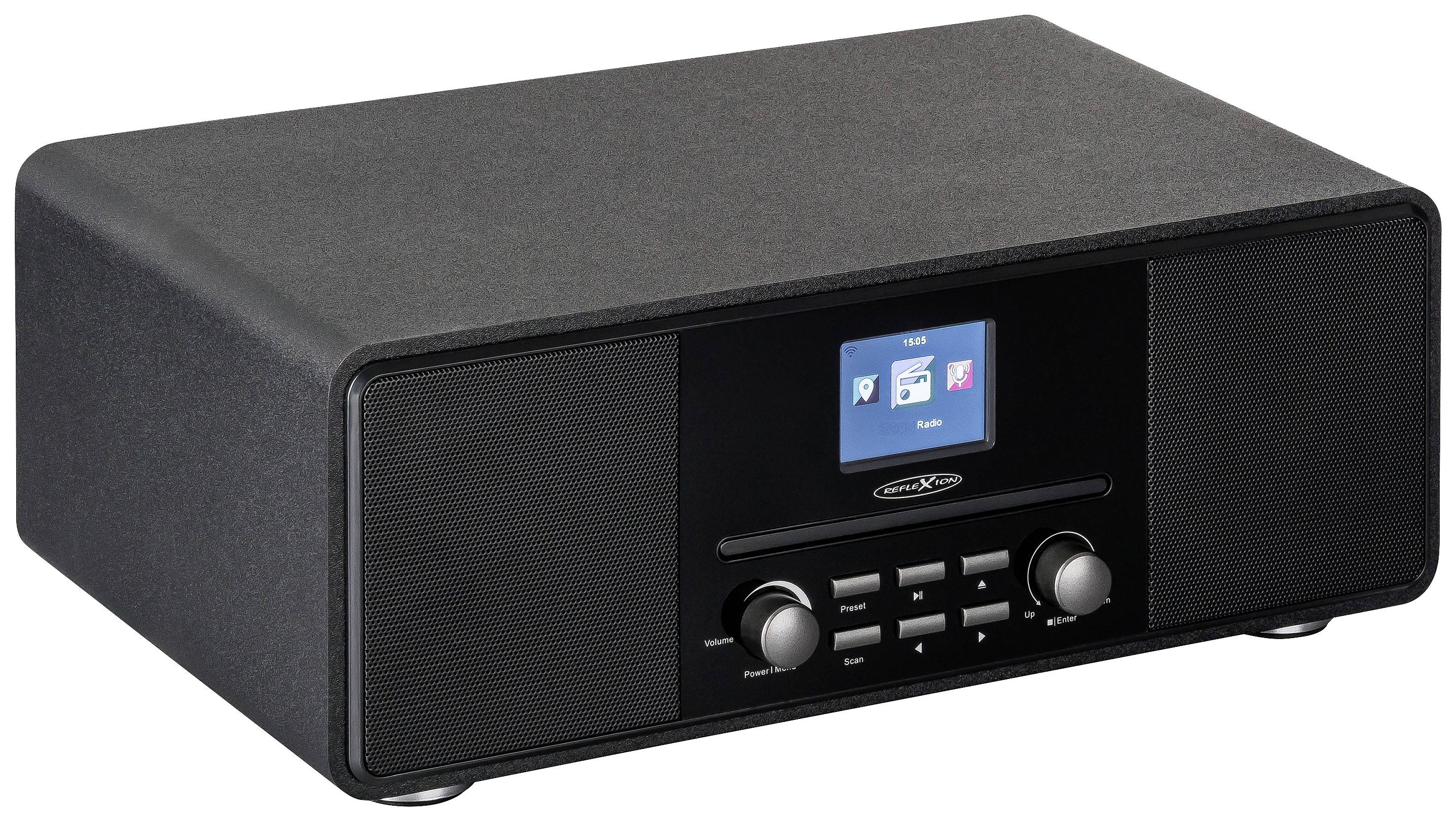 Black internet radio with a colour screen in the centre. Two speakers are built into the device on the left and right sides.
