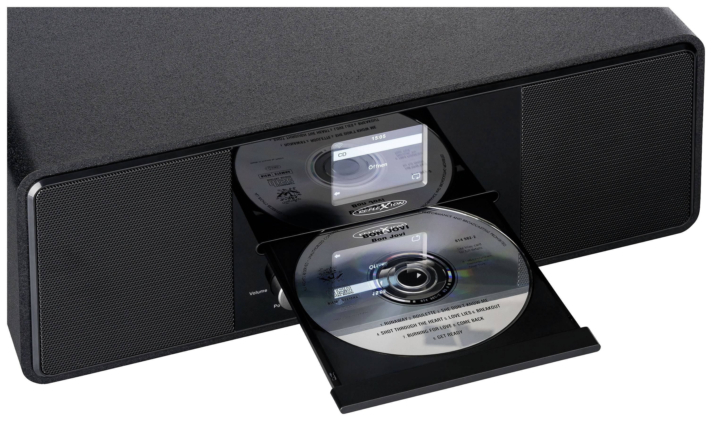 A black stereo system with an open CD tray, in which two CDs are partially visible.