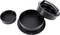Burger press with three parts: base, shaping ring, and lid with handle. For creating uniform burger patties.