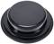 Black, round press button on a white background.