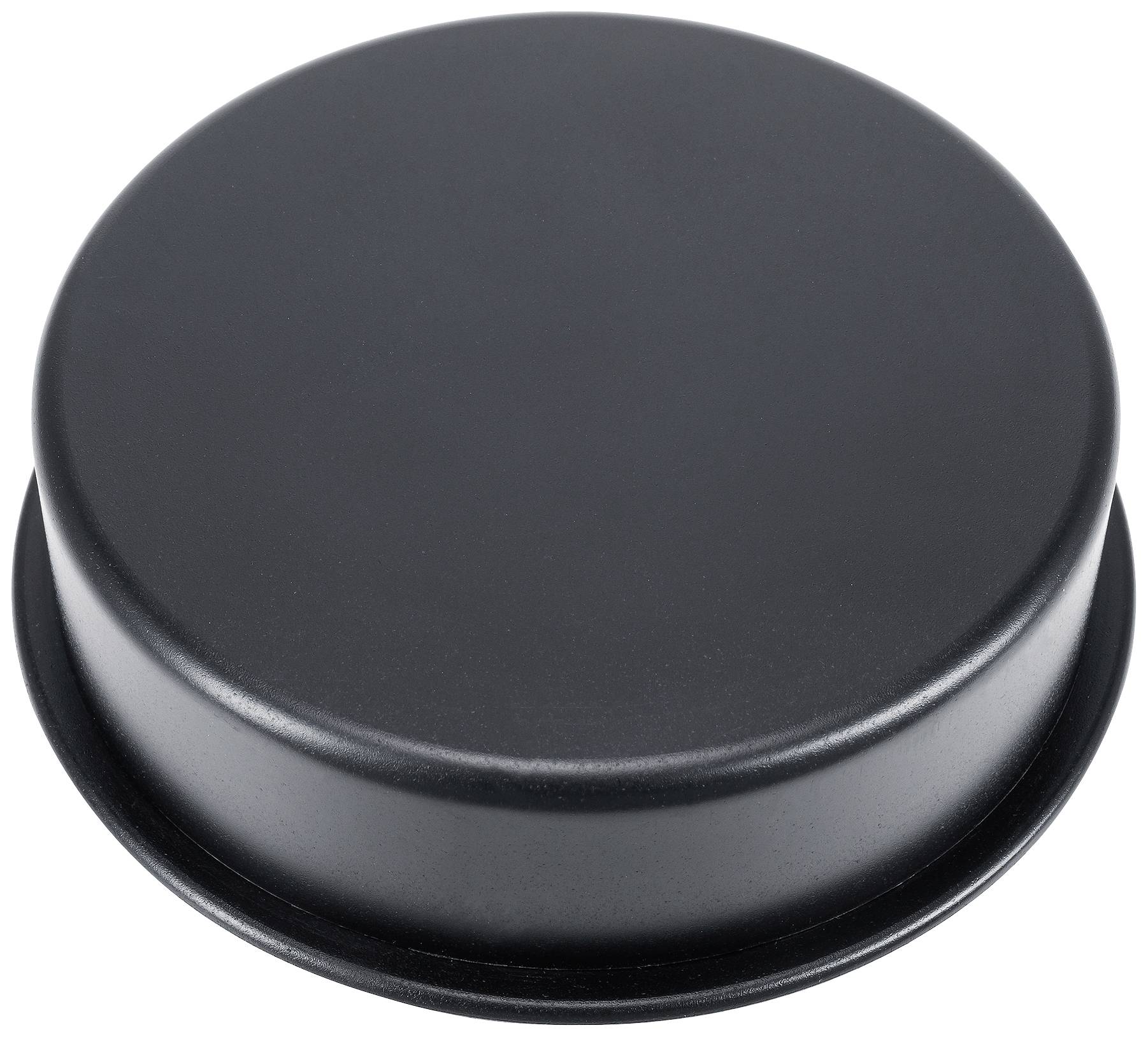 A round, black metal lid, flat and without any visible markings or patterns.