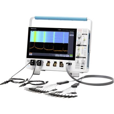A digital oscilloscope with a screen displaying a complex waveform, along with various settings and ports.
