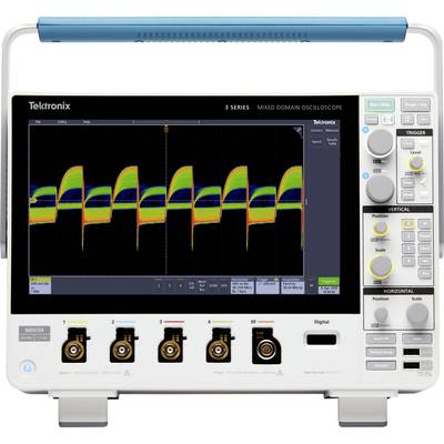 An oscilloscope displays a waveform with multiple periodic signals on a colour display. Control elements for adjustment are visible.