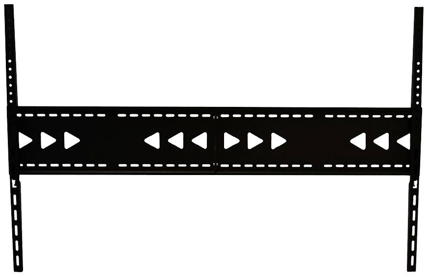 A black, rectangular TV mounting bracket with multiple holes and arrows indicates the mounting position on a wall.