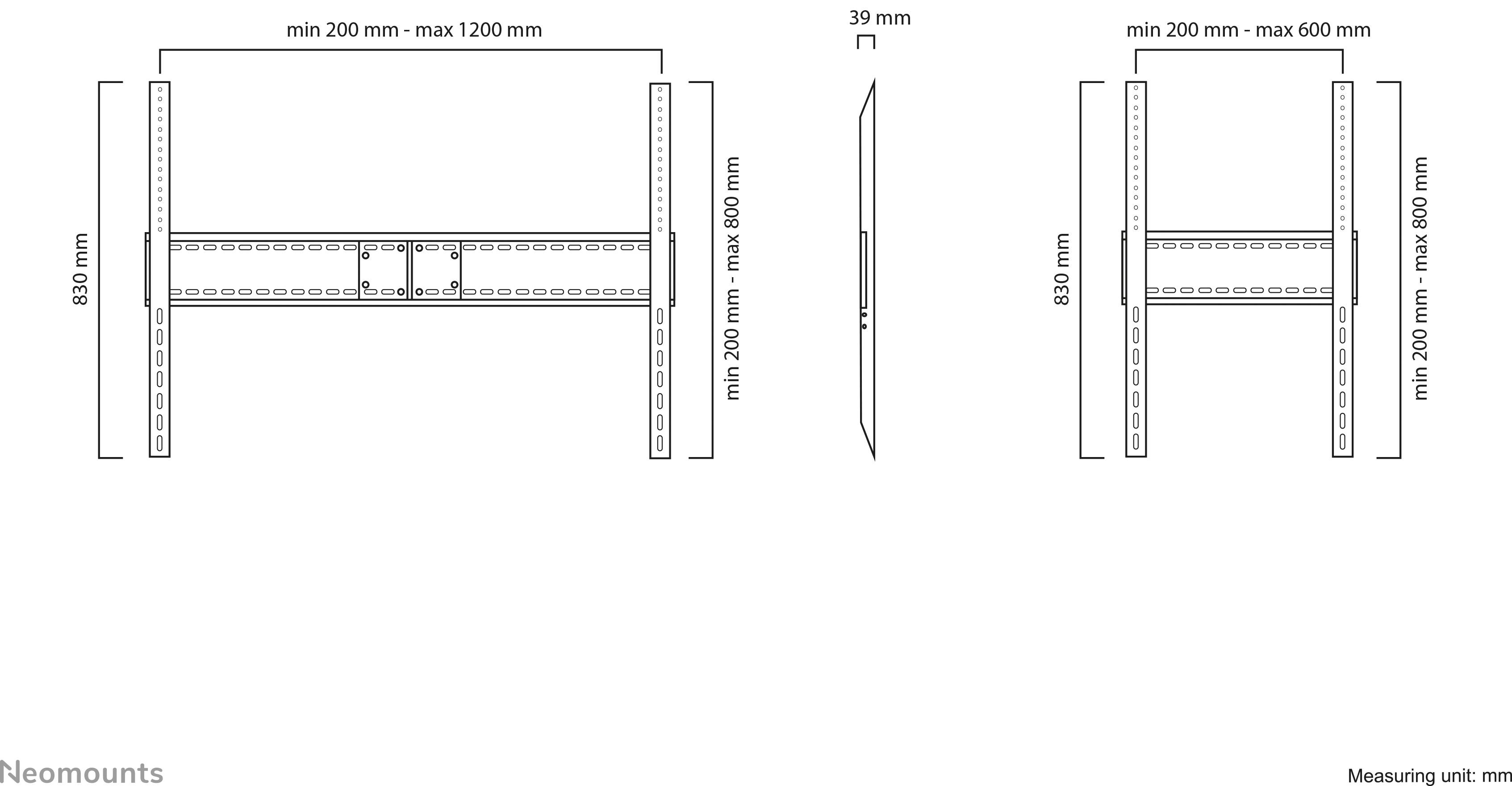 Installation Instructions for a Wall Mounting Bracket with Variable Width (200-1200 mm) and Height (200-900 mm). Side Profile 39 mm Deep.