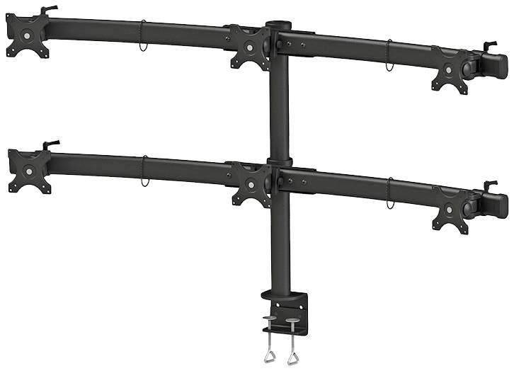 Metal monitor mount for four screens, showing two horizontal, adjustable arms with two mounting options each.