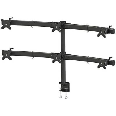 Metal monitor mount for four screens, showing two horizontal, adjustable arms with two mounting options each.