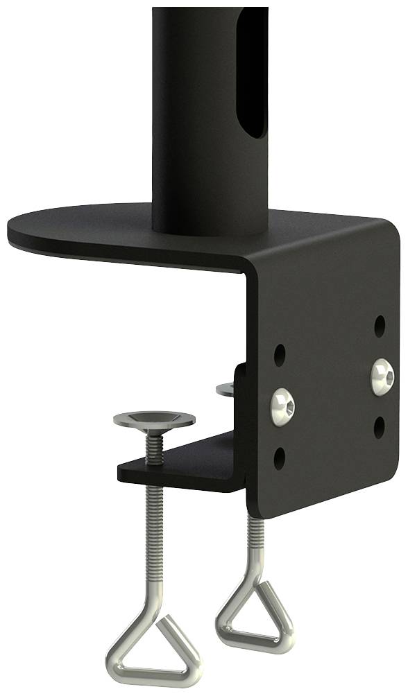 Metal bracket with black plate and two screws for fastening. Suitable for mounting objects on table edges.