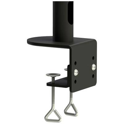 Metal bracket with black plate and two screws for fastening. Suitable for mounting objects on table edges.