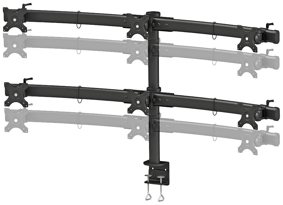 Black monitor stand with three adjustable arms, suitable for multiple screens, desk-mounted with clamps.